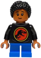 LEGO Junior Paleontologist - Girl, Black Shirt with Jurassic Park Logo, Blue Short Legs, Black Hair Braided with Knot Bun set