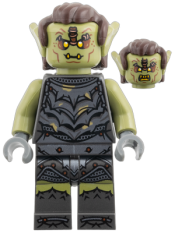 LEGO Orc - Olive Green Head, Pearl Dark Gray Armor with Dirt Splotches, Dark Brown Hair, Yellow Eyes set