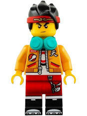 LEGO Monkie Kid - Bright Light Orange Open Jacket, Dark Turquoise Headphones, Neutral / Angry with Red Face Paint minifigure