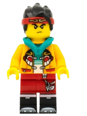 LEGO Monkie Kid - Bright Light Orange Open Jacket with Monkey Head Logo, Dark Turquoise Hood, Angry / Smile with Red Face Paint minifigure