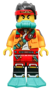 LEGO Monkie Kid - Bright Light Orange Open Jacket with Shoulder Strap, Dark Turquoise Scuba Breathing Regulator and Flippers minifigure