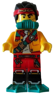 LEGO Monkie Kid - Bright Light Orange Open Jacket with Shoulder Strap, Dark Turquoise Scuba Breathing Regulator and Flippers, Open Mouth minifigure