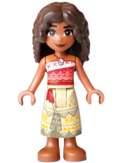 LEGO Moana (Sienna) - Mini Doll, Coral and White Strapless Top, Tan Long Skirt with Dark Tan Hems, Dark Brown Hair Long Full Curly set