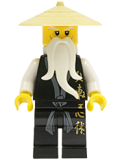 LEGO Wu Sensei - Black Kimono with Gold Symbols, Dark Bluish Gray Sash, Tan Asian Hat, White Beard set