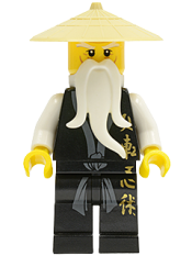 LEGO Wu Sensei - Black Kimono with Gold Symbols, Dark Bluish Gray Sash, Tan Asian Hat, White Beard minifigure