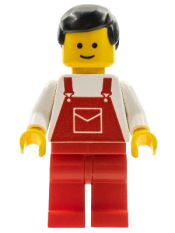 LEGO Overalls Red with Pocket, Red Legs, Black Male Hair minifigure