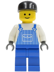 LEGO Overalls Striped Blue with Pocket, Blue Legs, Black Cap, Standard Grin minifigure