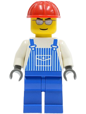 LEGO Overalls Striped Blue with Pocket, Blue Legs, Red Construction Helmet, Silver Glasses and Eyebrows minifigure