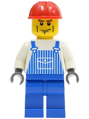 LEGO Overalls Striped Blue with Pocket, Blue Legs, Red Construction Helmet, Cheek Lines, Dark Bluish Gray Hands minifigure