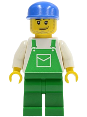 LEGO Overalls Green with Pocket, Green Legs, Blue Cap with Long Flat Bill, Smirk and Stubble Beard minifigure