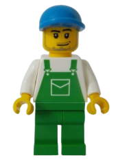 LEGO Overalls Green with Pocket, Green Legs, Blue Cap with Short Curved Bill, Smirk and Stubble Beard minifigure