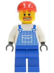 LEGO Overalls Striped Blue with Pocket, Blue Legs, Red Short Bill Cap, Beard Around Mouth minifigure