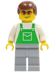 LEGO Overalls Green with Pocket, Light Bluish Gray Legs, Orange Sunglasses, Reddish Brown Hair minifigure