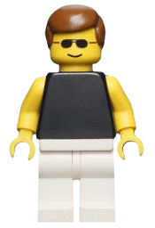 LEGO Plain Black Torso with Yellow Arms, White Legs, Sunglasses, Brown Male Hair minifigure