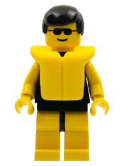 LEGO Plain Black Torso with Yellow Arms, Yellow Legs, Sunglasses, Black Male Hair, Life Jacket minifigure