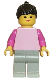 LEGO Plain Pink Torso with Dark Pink Arms, Light Gray Legs, Black Ponytail Hair minifigure