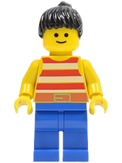 LEGO Red / White Stripes Shirt, Blue Legs, Black Ponytail Hair minifigure