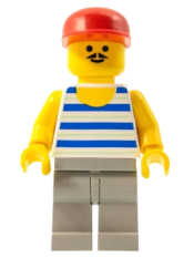 LEGO Horizontal Blue and Light Green Stripes, Light Gray Legs, Red Cap minifigure