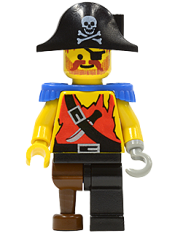 LEGO Pirate Shirt with Knife, Black Leg with Peg Leg, Black Pirate Hat with Skull, Blue Epaulettes minifigure