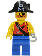 LEGO Pirate Shirt with Knife, Blue Legs, Black Pirate Hat with Skull minifigure