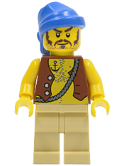 LEGO Pirate Vest and Anchor Tattoo, Tan Legs, Blue Bandana, Brown Moustache minifigure