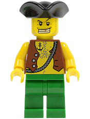 LEGO Pirate Vest and Anchor Tattoo, Green Legs, Tricorne Hat minifigure