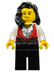 LEGO Pirate - Female, Black Legs, Red Vest over White Shirt, Black Hair minifigure