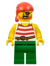 LEGO Pirate - Male, Red Bandana, White Shirt with Red Stripes, Green Legs, Eyepatch minifigure