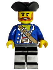 LEGO Pirate - Male, Black Tricorne, Dark Orange Beard and Moustache, Blue Open Jacket, Dark Tan Belt, Black Legs minifigure