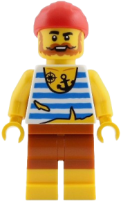 LEGO Pirate - Male, White Shirt with Tattered Hem and Blue Stripes, Dark Orange Shorts, Full Beard, Red Bandana set