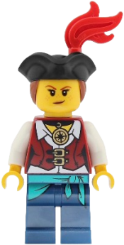 LEGO Pirate - Female, Dark Red Vest over White Shirt, Dark Blue Legs with Sash, Red Plume, Black Tricorne, Reddish Brown Hair set