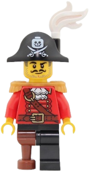 LEGO Pirate Captain - Male, Pearl Gold Epaulettes, Red Coat with White Ruffled Collar, Black Leg and Reddish Brown Peg Leg, White Plume, Black Bicorne with Skull and Cutlasses set