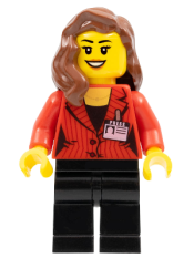 LEGO Camerawoman - Red Suit Jacket with Press Pass, Black Legs, Reddish Brown Female Hair over Shoulder, Open Mouth Smile with Peach Lips minifigure
