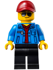 LEGO Race Official - Male, Blue Jacket over Dark Red V-Neck Sweater, Black Legs, Dark Red Cap with Hole, Sunglasses minifigure