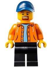 LEGO Race Official - Male, Orange Jacket Hoodie over Medium Blue Sweater, Black Legs, Dark Blue Cap with Hole, Goatee minifigure