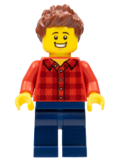 LEGO Race Fan - Male, Red Plaid Flannel Shirt, Dark Blue Legs, Reddish Brown Spiked Hair, Open Mouth Smile with Teeth minifigure