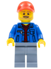 LEGO Race Marshal - Male, Blue Jacket over Dark Red V-Neck Sweater, Sand Blue Legs, Red Cap with Hole, Beard minifigure