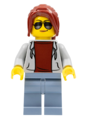 LEGO Race Marshal - Female, Light Bluish Gray Hoodie over Dark Red Shirt, Sand Blue Legs, Dark Red Ponytail Long with Side Bangs, Sunglasses and Peach Lips minifigure