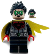 LEGO Robin - Green Mask, Red Hands, Black Medium Legs, Scalloped Asymmetrical Cape Black and Yellow Sides set