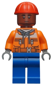 LEGO Dock Worker - Male, Orange Safety Jacket, Reflective Stripe, Sand Blue Hoodie, Blue Legs, Red Construction Helmet, Reddish Brown Head minifigure