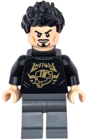 LEGO Tony Stark - Black Shirt with Gold Helmet, Pin Holder on Back minifigure