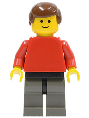 LEGO Plain Red Torso with Red Arms, Dark Gray Legs, Brown Male Hair minifigure