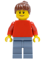 LEGO Plain Red Torso with Red Arms, Sand Blue Legs, Reddish Brown Ponytail Hair (Soccer Fan) minifigure