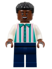 LEGO Soccer Spectator - White Shirt with Dark Turquoise and Dark Pink Stripes, Dark Blue Legs, Black Hair minifigure