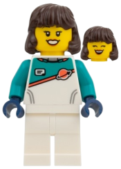 LEGO Astronaut - Female, Dark Brown Hair, White Spacesuit with Dark Turquoise Panel and Sleeves set