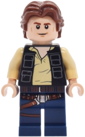 LEGO Han Solo - Black Vest with Pockets over Tan Shirt with Dark Bluish Gray Creases, Dark Blue Legs with Belts set