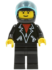 LEGO Leather Jacket with Zippers - Black Legs, Black Helmet, Trans-Light Blue Visor, Male minifigure