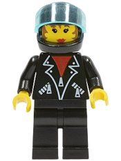 LEGO Leather Jacket with Zippers - Black Legs, Black Helmet, Trans-Light Blue Visor, Female minifigure