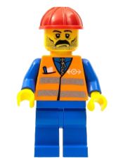 LEGO Orange Vest with Safety Stripes - Blue Legs, Moustache, Red Construction Helmet minifigure