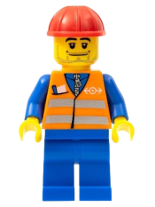 LEGO Orange Vest with Safety Stripes - Blue Legs, Beard Stubble, Red Construction Helmet minifigure